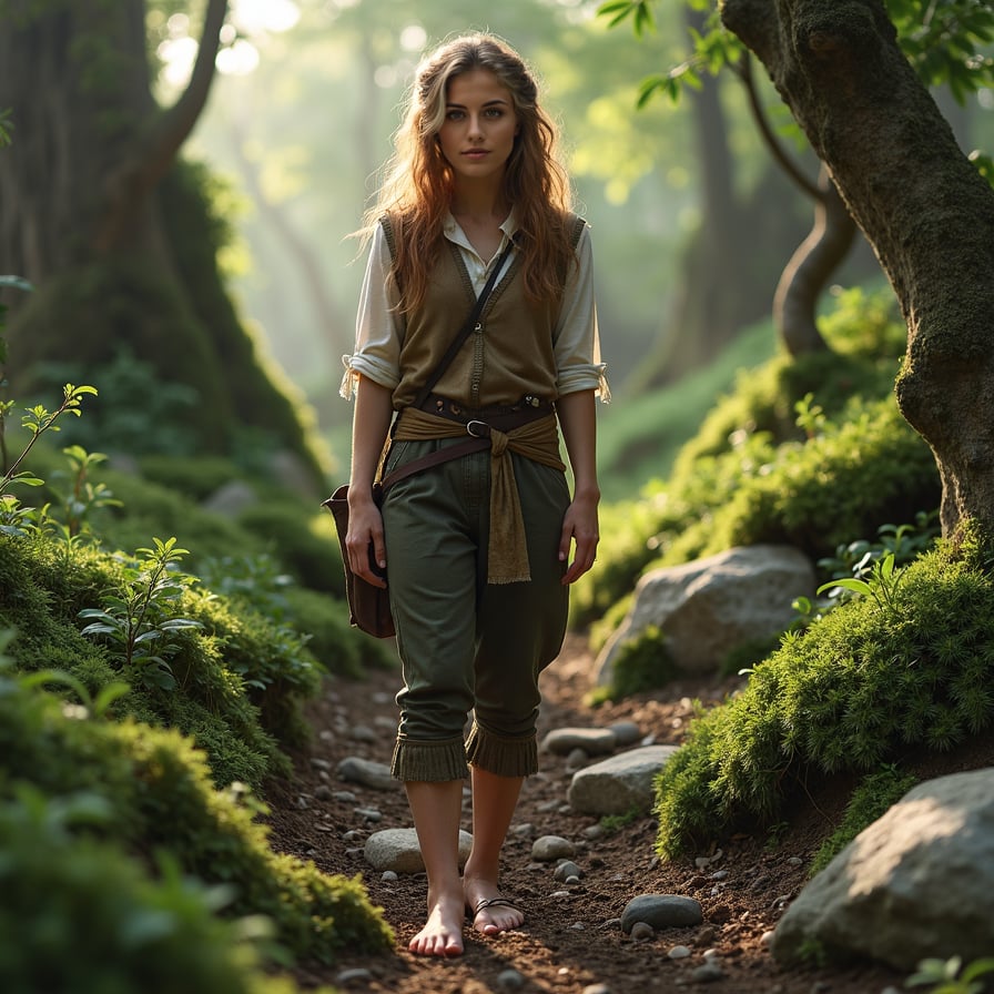 Hobbit woman, rustic attire, forest backdrop, magical ambiance.