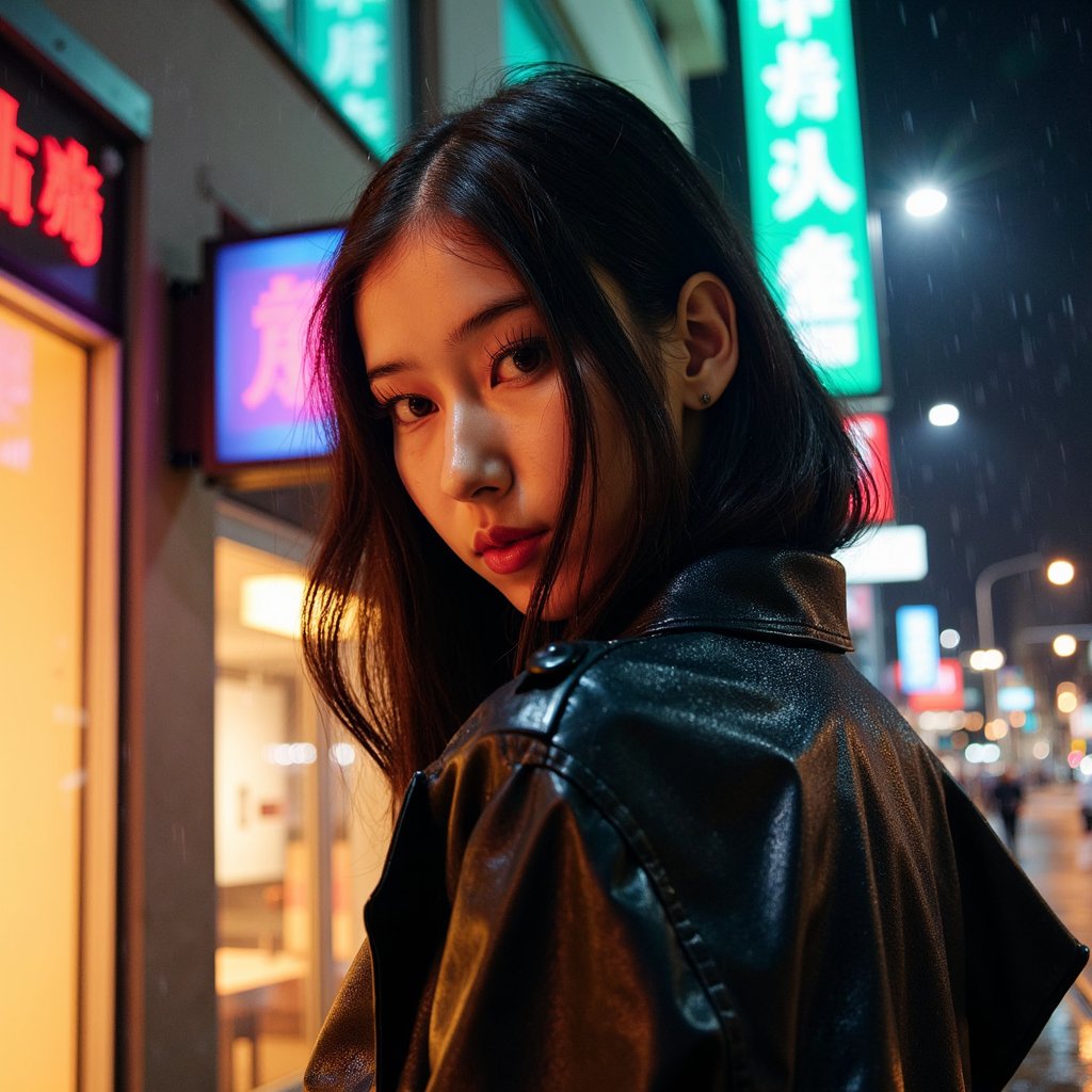 A cinematic neo-noir portrait of a woman (late 20s) standing under light rain at night, tight head-and-shoulders close-up, camera slightly below eye level for subtle power. She has wet, wavy shoulder-length hair with a few strands stuck to her cheek, natural skin texture with visible pores, faint under-eye texture, and a calm, intense gaze looking just past the lens. Wardrobe: black leather trench coat with realistic creases, subtle water droplets beading on the surface, inner collar lined with dark satin. Lighting: single strong neon sign key light from camera-left (cool tone), soft warm rim light from behind, rain catching highlights; background is a blurred city street with bokeh signage and minimal shapes only, no readable text. Camera: 85mm lens, f/1.8, shallow depth of field, gentle film-grain feel, crisp eyelashes, sharp catchlights, realistic color separation. Mood: slick, dramatic, quiet tension. Highly detailed, highly realistic, HDR quality, cinematic color grading, minimal background clutter.