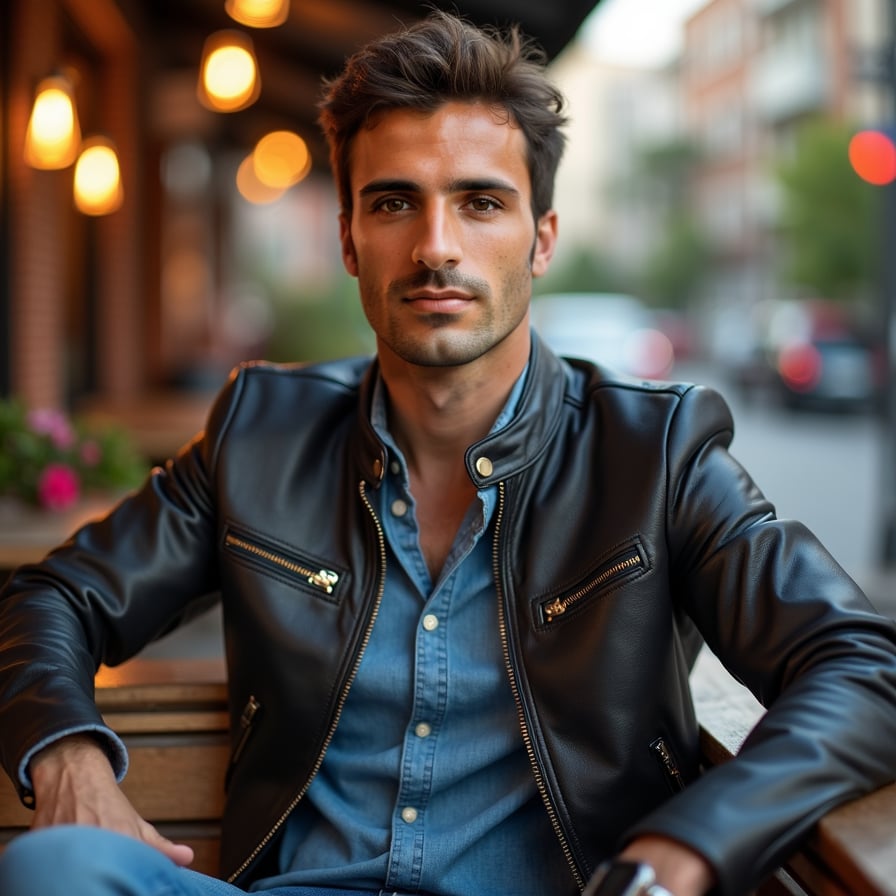 man in a relaxed social setting, such as sitting on a bench or leaning against a railing. He has a confident smile or a thoughtful expression, dressed in trendy casual wear like a leather jacket or denim shirt. The lighting adds warmth and highlights his natural appeal
