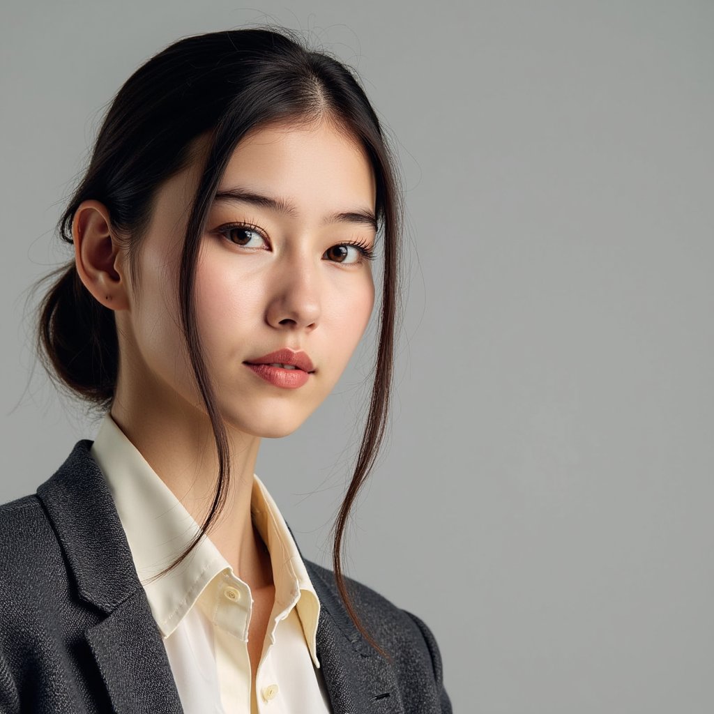Highly detailed, highly realistic, HDR portrait of a woman executive with a sleek low bun and center part; charcoal wool blazer layered over a soft ivory silk blouse; fabric texture visible in folds. Camera: 85mm lens, f/2.0, ISO 200, eye-level, chest-up framing. Lighting: large octabox key at 45° camera left, subtle reflector fill from camera right, faint rim light separating hair from backdrop; natural shadow falls right. Pose: shoulders angled 30° from lens, chin slightly raised, subtle confident smile. Background: smooth slate gray gradient, softly blurred, no clutter.