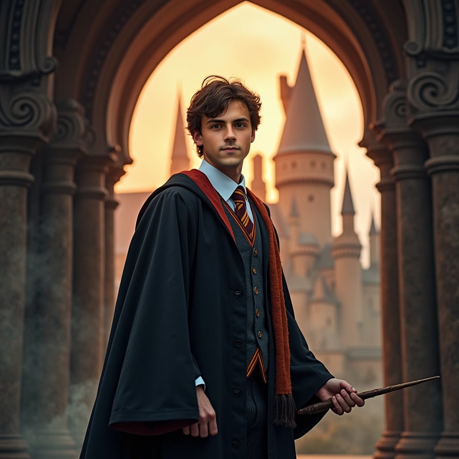 Hogwarts robes, wand, castle backdrop, magical ambiance.