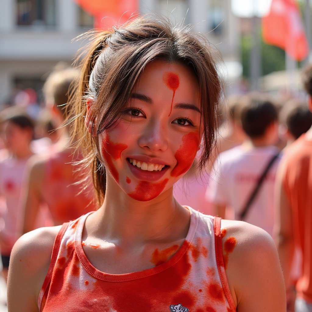 Headshot of a playful woman winking with tomato sauce smeared across one cheek, messy ponytail, red-stained festival shirt, pure La Tomatina joy