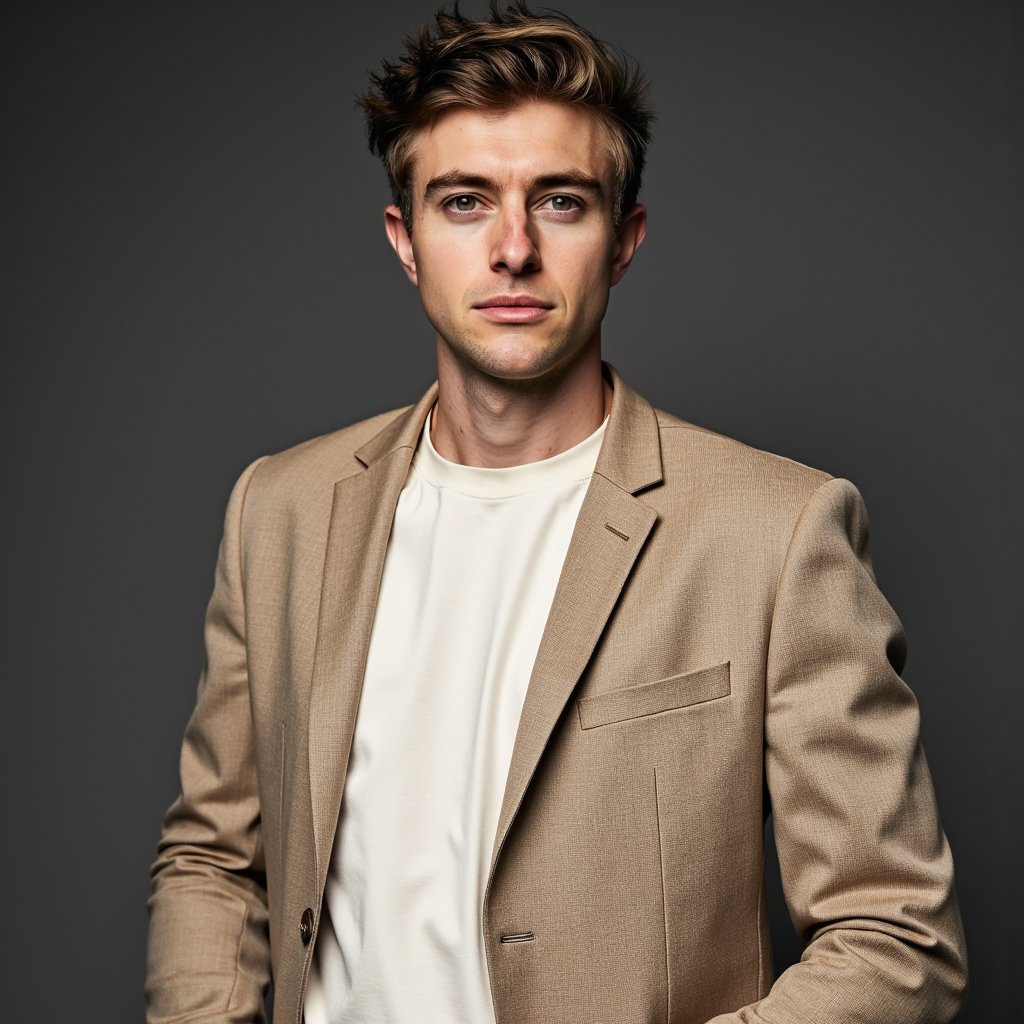 A cinematic high-key fashion portrait of a man (late 20s) in a studio setting, waist-up, camera at slightly lower than eye level for presence. Hair: short textured haircut, matte finish. Face: realistic skin with visible pores, clean shave, confident relaxed expression, eyes locked on camera. Wardrobe: tailored beige blazer with fine weave texture, cream crew-neck shirt underneath, sharp seams and natural folds. Lighting: large softbox key light directly in front, balanced fill from both sides, extremely clean highlights with soft shadows. Background: seamless off-white backdrop with subtle gradient, zero clutter. Camera: 65mm lens, f/3.2, sharp editorial clarity. Mood: cinematic fashion realism. Highly detailed, highly realistic, HDR quality, cinematic high-key lighting, minimal clutter.