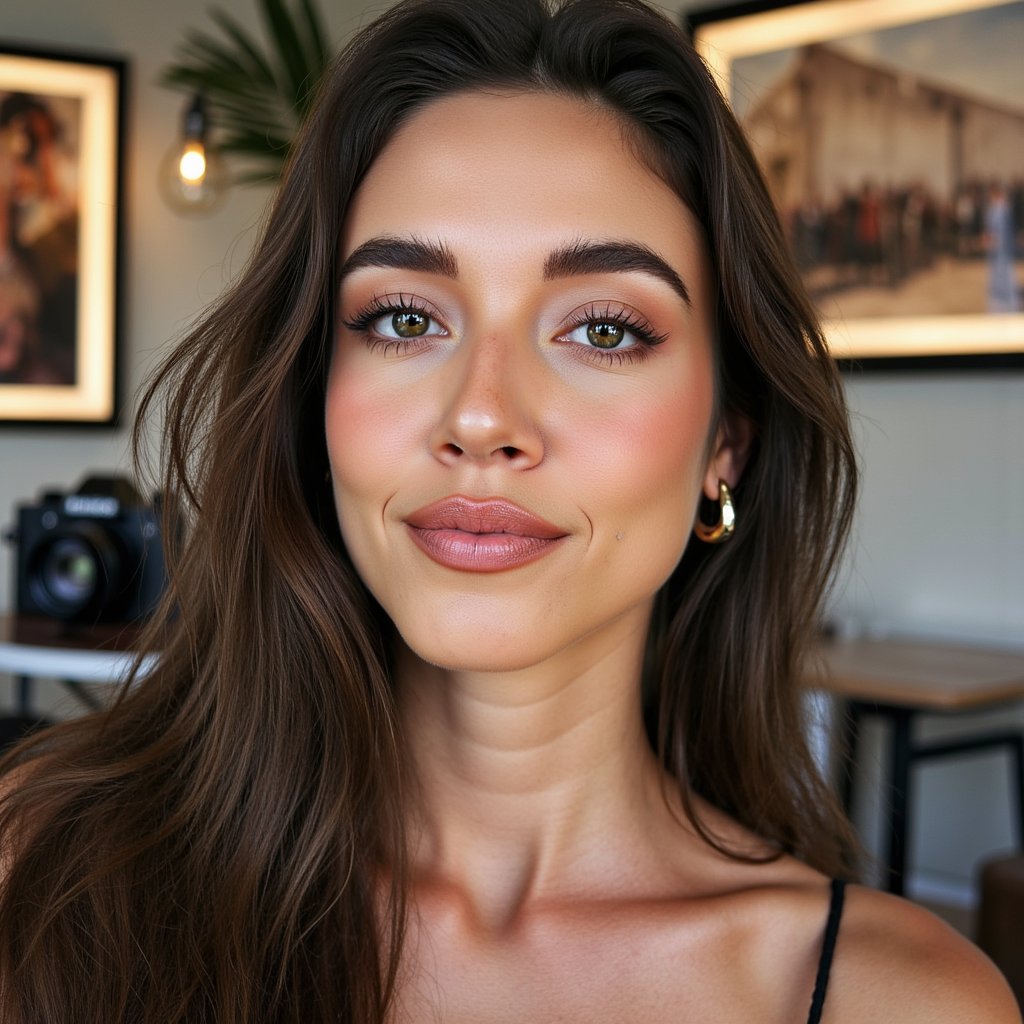 woman in an elegant, contemporary look, photographed in a scene that celebrates visual storytelling and creative expression. A vintage camera is placed as a creative prop. The background is softly blurred with gallery-inspired elements and artistic lighting accents. Studio lighting enhances her facial features with sculpted shadows and soft gradients. Her expression radiates quiet confidence and artistic energy. Hyper-detailed, HDR quality, sharp focus.