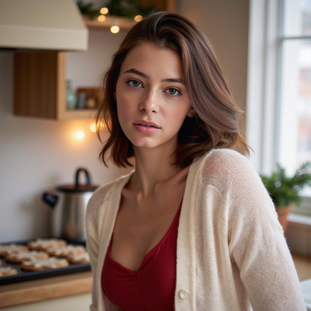 Head-and-shoulders portrait of a woman in a softly lit kitchen while Christmas cookies bake in the blurry background (no motion). She wears a cream knit cardigan over a red thermal top, cardigan showing soft wool fuzz and delicate ribbing.
Hair: half-up style with loose curls cascading down.
Makeup: soft golden shimmer on eyelids, warm blush, glossy nude lips.
Lighting: warm oven-light glow from behind adds a subtle halo while a soft diffused key from camera-left lights her face.
Background: blurred gingerbread cooling tray, pine sprigs, subtle fairy lights — minimal clutter, organized composition.
Camera: 50mm f/1.8; highly realistic, highly detailed, HDR, highlighting cardigan texture, hair shine, and warm kitchen tones.