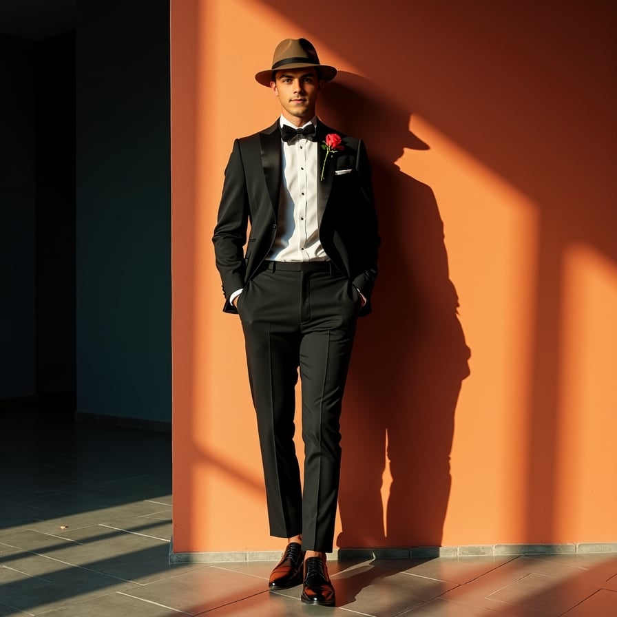 man dressed in a tailored, classic Godfather-inspired suit, wearing a fedora hat, adorned with a small, elegant red rose in his square pocket, standing against a dark, mysterious background with a grid-patterned floor, exuding an aura of sophistication and power.