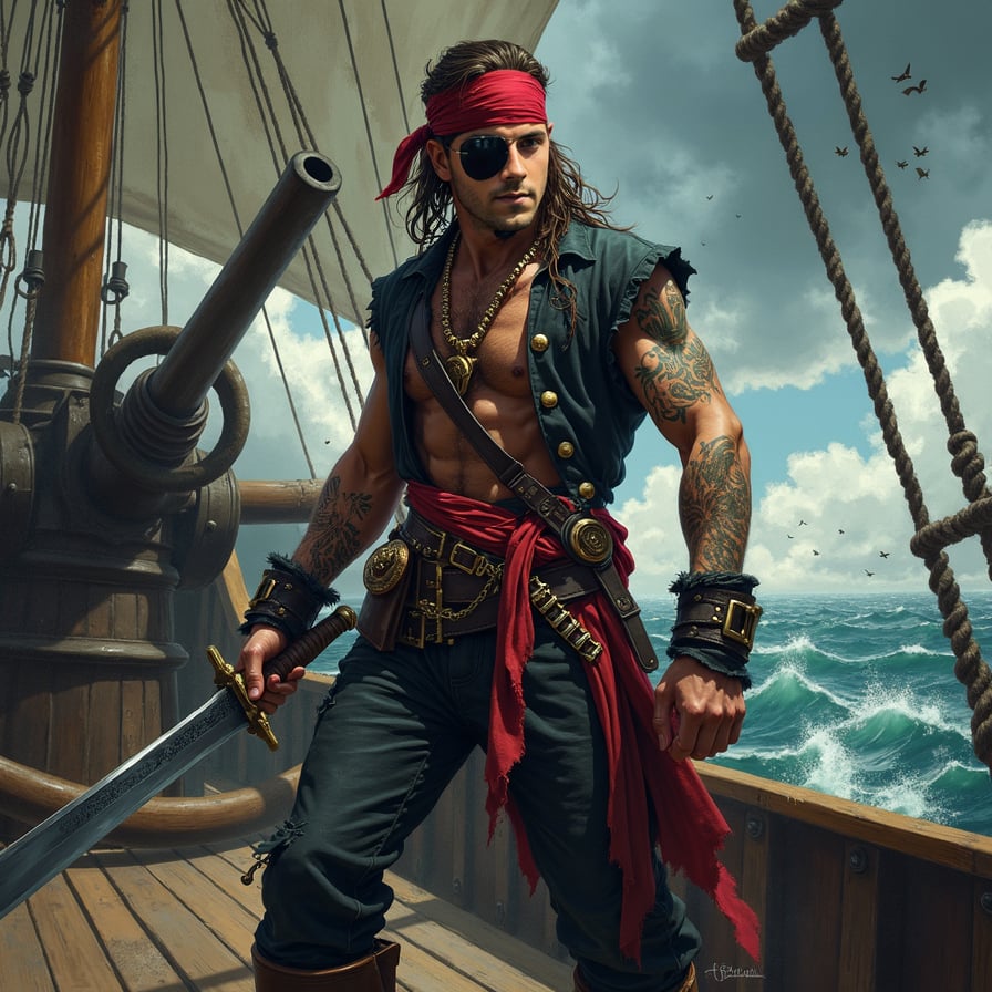 man in rugged pirate attire, wielding a sword with intensity, standing on the deck of a pirate ship amidst a chaotic battle scene, with cannons and rigging in the background, under a dark and stormy sky