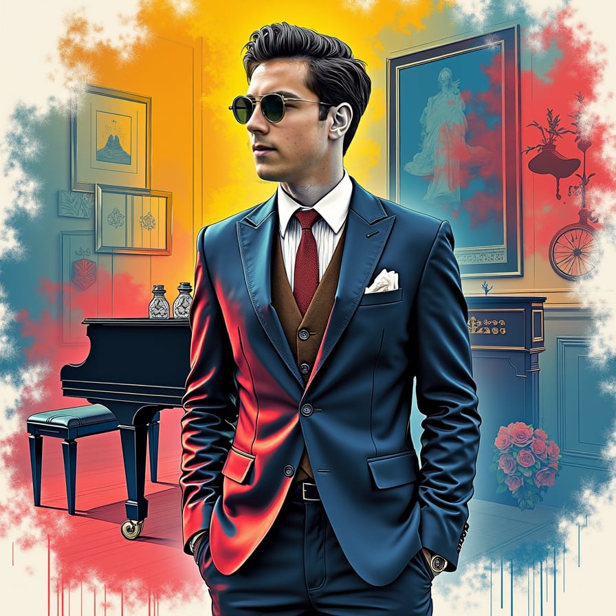 man wearing luxurious suit, surrounded by wealth and opulence, standing in a lavish living room with a grand piano and expensive artwork.
