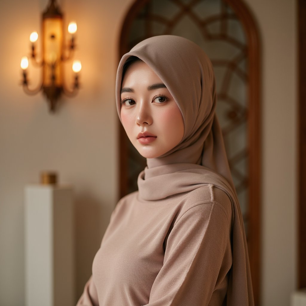 Editorial-style portrait of a woman facing camera in formal modest attire, backdrop with soft bokeh lights, conveying warmth and grace for Mawlid celebration