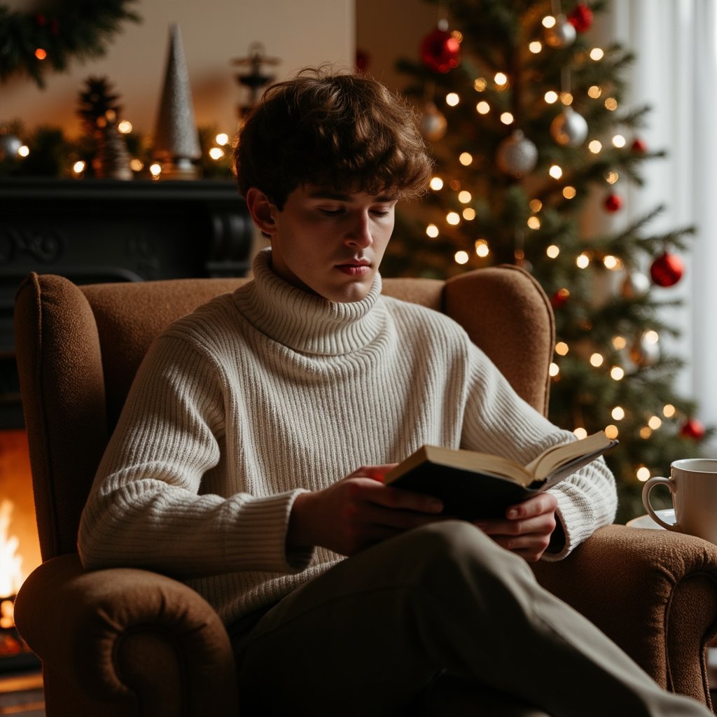 close up of a man in a relaxed turtleneck sweater and comfortable trousers, sitting in an armchair near a fireplace with a decorated christmas tree off to the side. he holds an open book in his lap, looking down at the pages with a calm, absorbed expression. a simple mug of hot drink rests on a small side table next to him. the fireplace casts a warm, directional glow across his face and hands, while the tree lights add soft highlights and subtle reflections on nearby ornaments. the background remains uncluttered, with just a hint of mantle decor and shadows. rich contrast between deep shadows and warm highlights gives the scene a cinematic, intimate feel. three-quarter portrait composition, ultra-detailed, highly realistic, hdr.