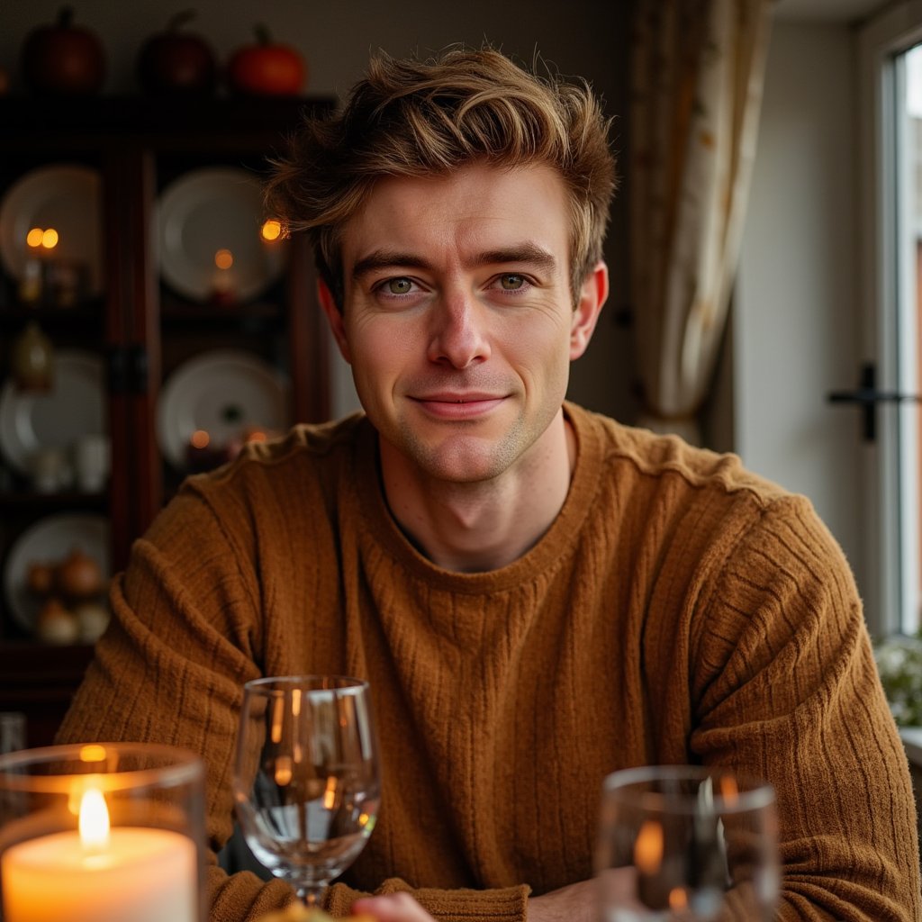 Highly realistic, highly detailed, hyperrealistic HDR head-and-shoulders portrait of a man (male, ~40 yrs) illuminated by the glow of a Thanksgiving dinner table from below. Camera close-up, slightly above table height (~−15° up), giving cinematic intimacy. He wears a tan wool sweater, texture distinct under the warm candlelight. Hair short and slightly tousled, faint laugh lines visible around the eyes. Background blurred — suggestion of dinner plates and glass reflections, warm golden tones. Realistic skin sheen, detailed light gradients across the face, and precise reflections in the eyes. HDR, high resolution, high quality, highly detailed, photorealistic.
