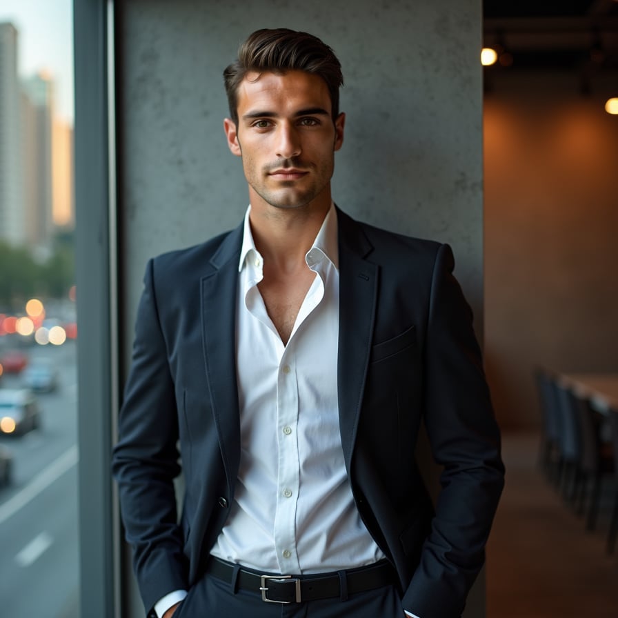 man in a sleek business suit, standing against a neutral or cityscape backdrop. His expression is confident and approachable, with crisp lighting accentuating his features. The image should convey leadership and trustworthiness