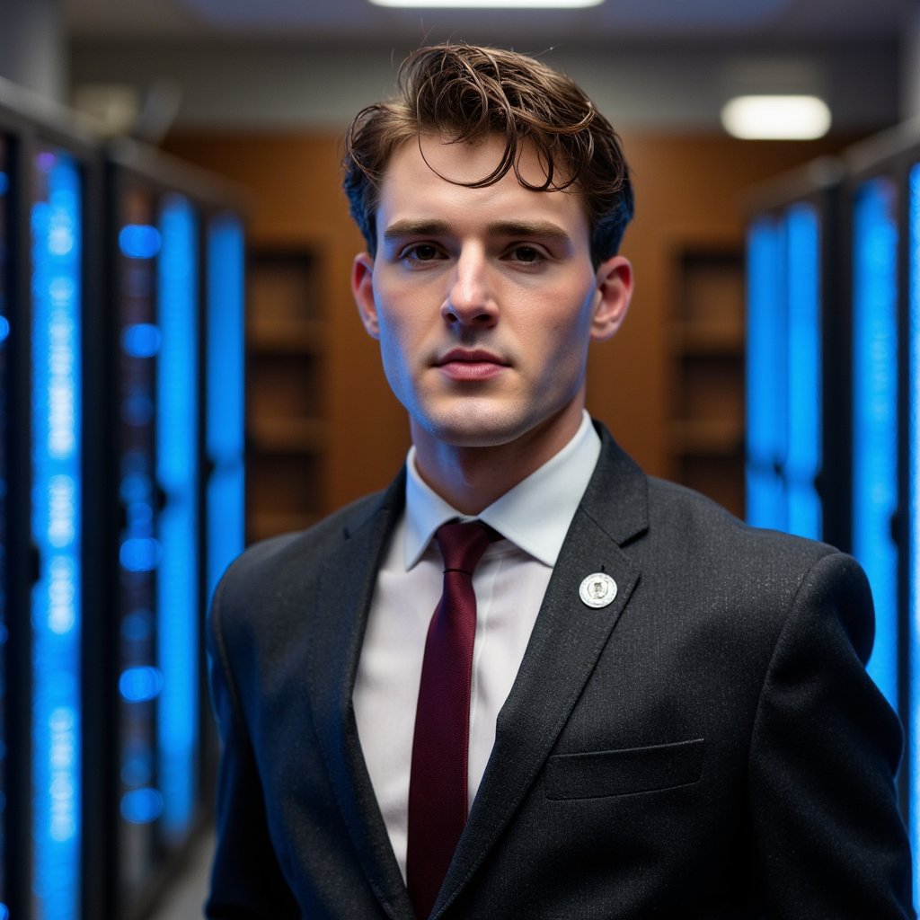 Three-quarter portrait, 35 mm f/2.8. Man in early 30s, medium skin, short neat hair. Charcoal suit with subtle metallic thread, ID badge clipped to lapel. Standing between blue-lit server racks. Lighting: cool blue ambient with warm camera-side fill. Background: racks fading into blur.