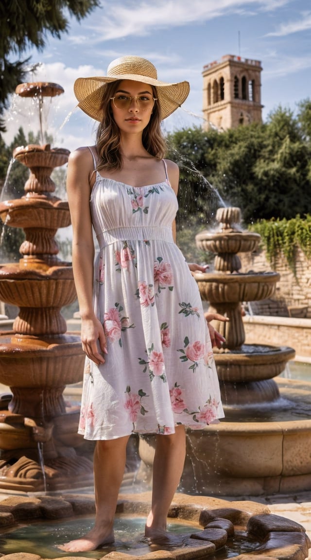 Woman in sundress, ancient European fountain, soft warm lighting.