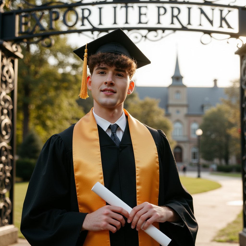 Waist-up composition of a man graduate centered under an ornate wrought-iron campus gate, hands resting casually on the gown’s sides, looking upward slightly; wearing a black gown, gold-trim honor stole, mortarboard tassel draped over the left; short textured haircut, light beard; camera placed low for a subtle upward heroic angle, 35 mm lens, f/2.8; lighting: bright midday sun filtered through trees, with reflector fill balancing shadows; gate lettering visible but softly blurred; micro-details of metal highlights and gown folds clearly defined, background slightly hazy to focus on subject; highly detailed, highly realistic, HDR style.