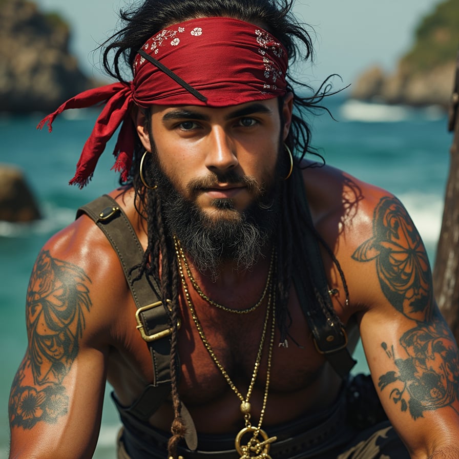 Rugged pirate man, tattoos, wild attire, ultra-realistic.