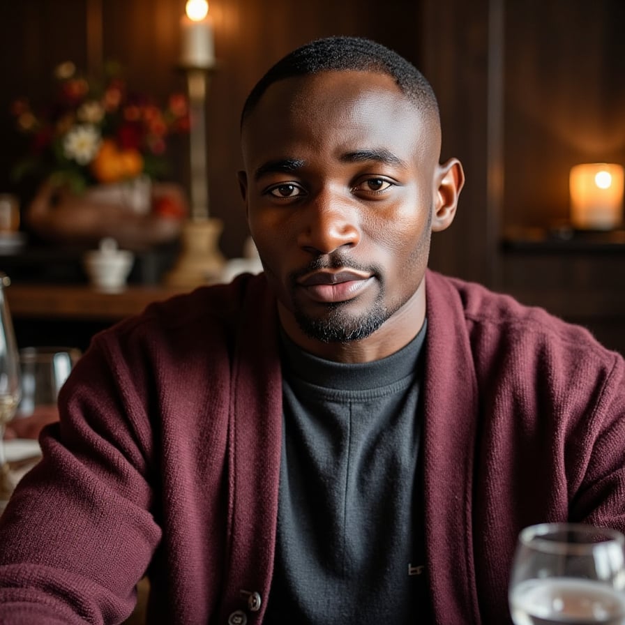 Hyperrealistic, highly detailed, HDR waist-up portrait of a man (male, ~40 yrs) indoors in a warmly lit dining space. Camera eye-level, straight-on. He wears a deep charcoal henley layered under a dark maroon wool cardigan with button detail. Short dark hair with a few silver strands, neatly styled. Background softly blurred: dark wood panels and subtle candle bokeh, faint reflections on glassware. Lighting warm and directional — candlelight from lower left adds gentle upward highlights on his face and collarbones. Visible details: fine beard texture, micro-shadows across the face, sweater’s dense weave, reflections in eyes. Mood cinematic, intimate Thanksgiving warmth. HDR, high resolution, high quality, highly detailed, photorealistic.