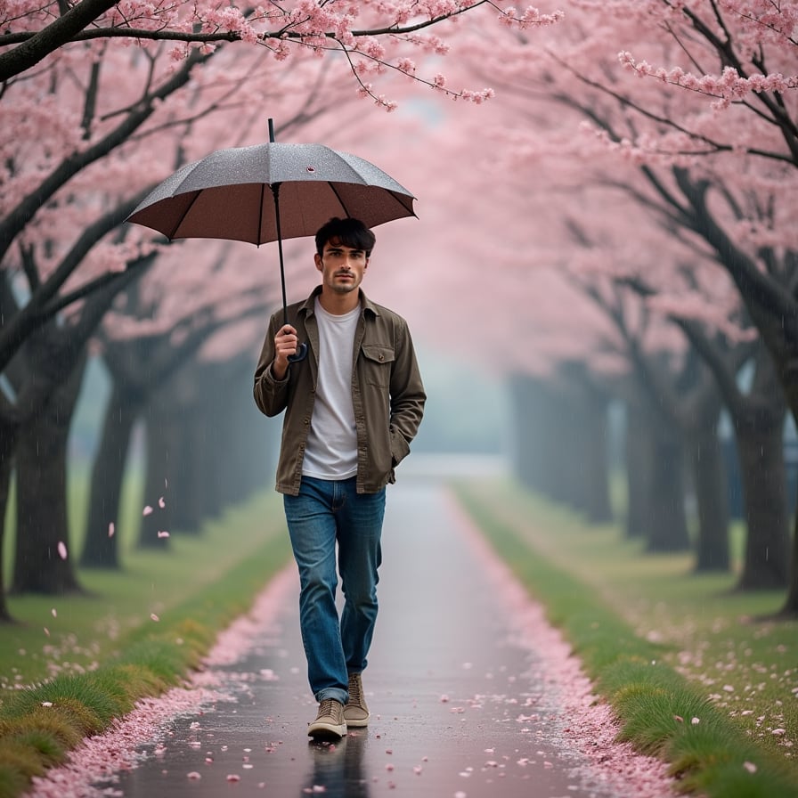 A man with an umbrella walks along a quiet park path lined with cherry blossoms in the gentle rain. The wet ground reflects the pink petals, creating a dreamy, romantic scene.