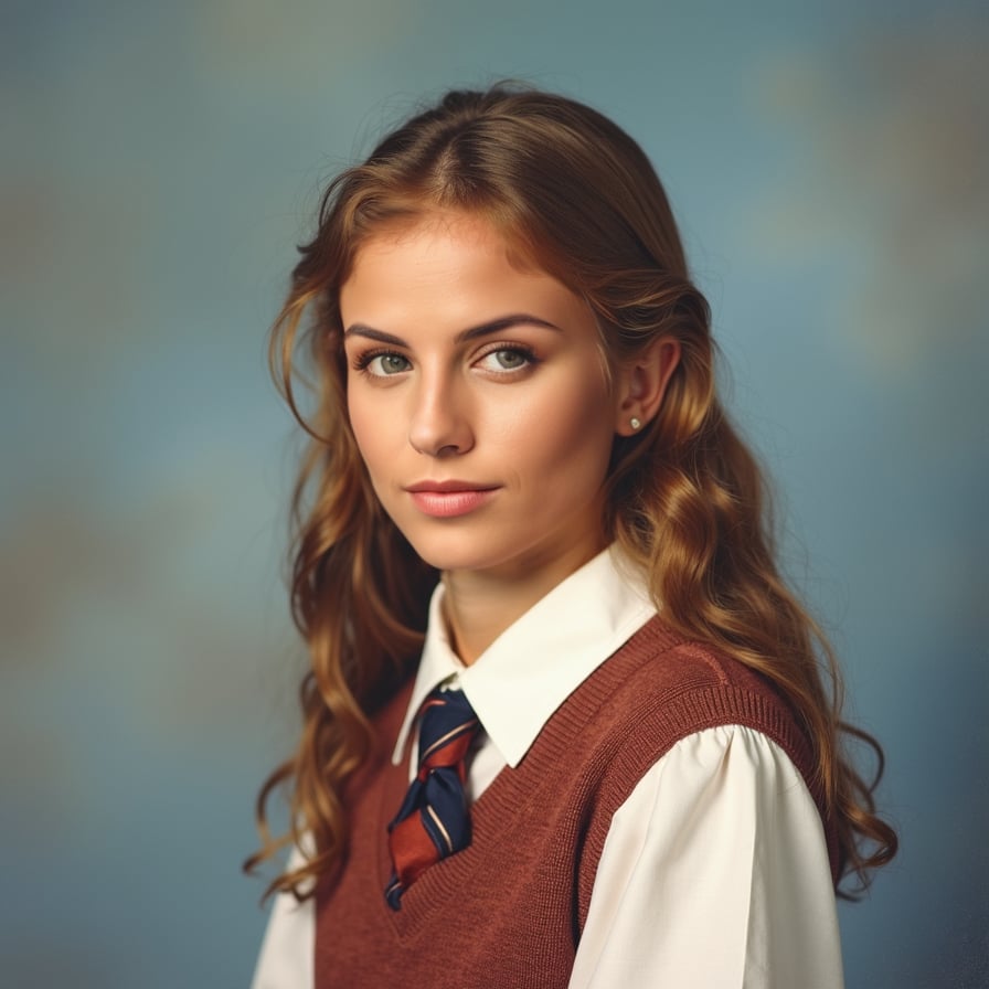 School dress, blue background, 1990s style, warm lighting.