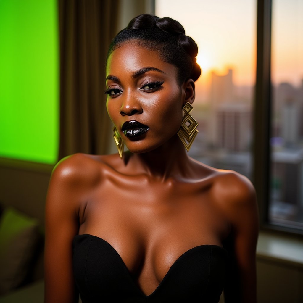 Tight headshot of a woman wearing asymmetric geometric earrings, sharp winged eyeliner, and matte black lipstick. Hair styled in sculptural waves. Background: solid neon green. Side-lit to emphasize jawline shadows. Facial texture hyperreal, makeup edges sharp, reflective highlights captured naturally.