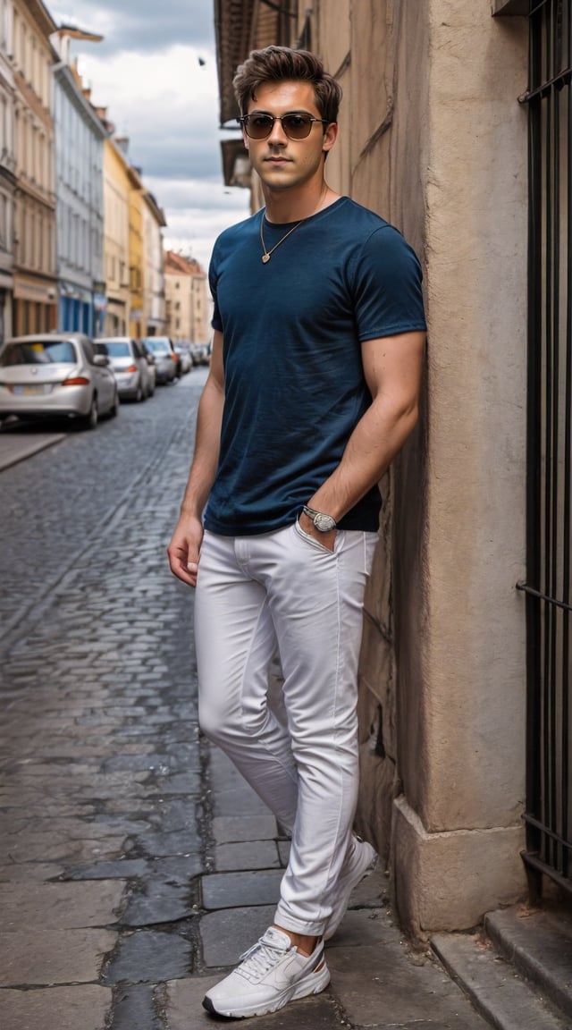Trendy man in sunglasses, exploring scenic European streets.