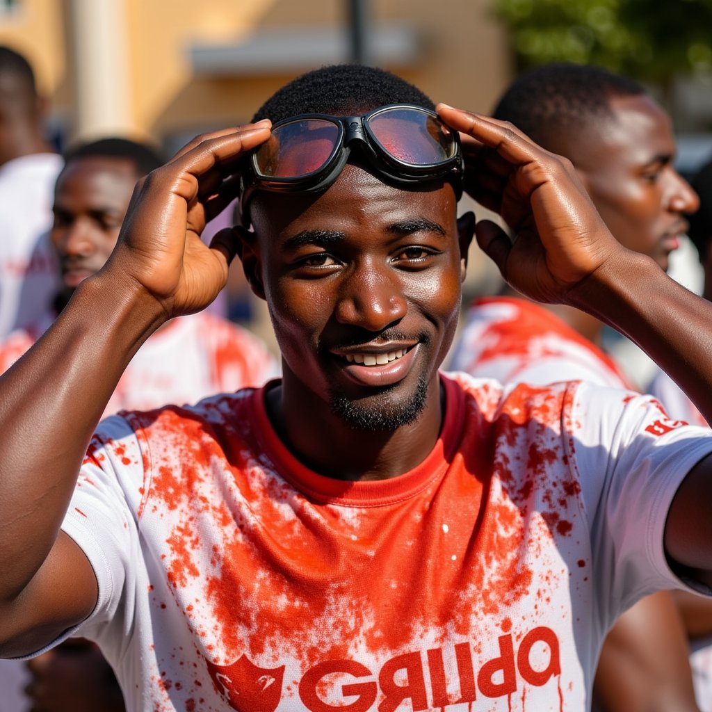 Dynamic portrait of a young man with goggles pushed up, tomato pulp stuck to shirt, smiling through the mess, summer light — a moment from La Tomatina