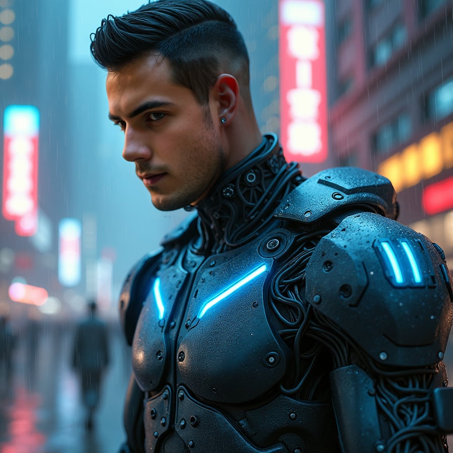 man in a futuristic, metallic cyborg suit with glowing neon blue lights and intricate circuits, armored body with visible wires and high-tech gadgets under transparent panels, intense gaze, striking pose, against a dark, rainy cityscape with towering neon-lit skyscrapers and dense, foggy atmosphere.