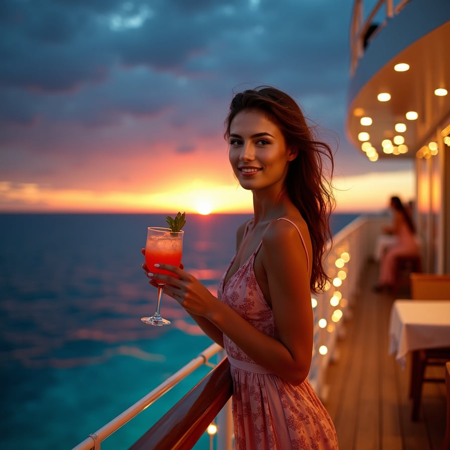 Night Under the Stars: The model is on the ship’s top deck during a starlit evening, dressed in a glamorous evening gown or elegant loungewear. She’s enjoying a romantic dinner or a quiet moment, with twinkling lights and the vast expanse of stars above.