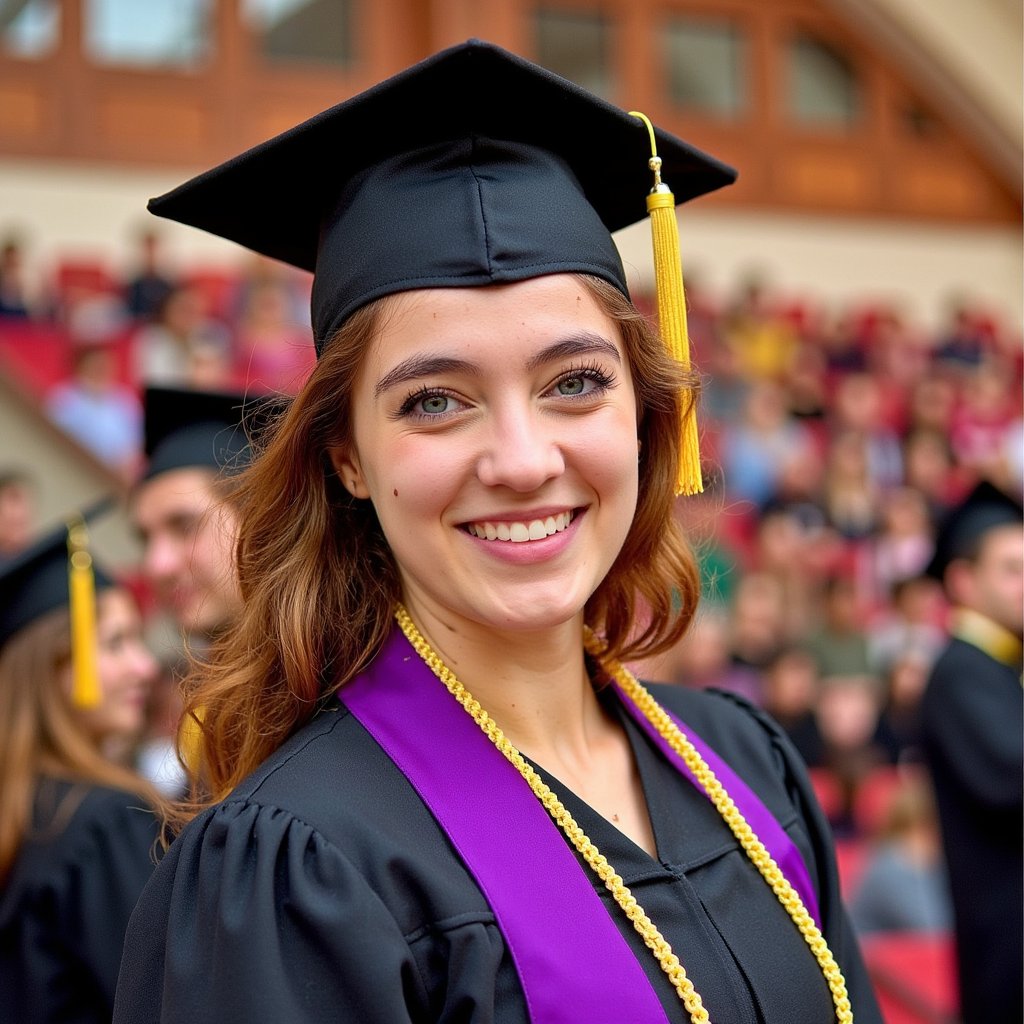 Waist-up portrait of a woman graduate smiling proudly while facing the camera, with blurred classmates in gowns in the background forming subtle color bokeh; she wears a black gown, deep purple stole, and honor cords (gold); soft curled hair falling over one shoulder, mortarboard slightly tilted; camera slightly above eye line, 105 mm lens, f/1.8; soft natural lighting, overcast daylight providing even illumination; shallow depth isolates her face; background softly colorful but uncluttered; fine details: woven cord texture, stitching along stole hem, lashes and reflections in the eyes; tone balanced, lifelike color, highly detailed, highly realistic, HDR finish.