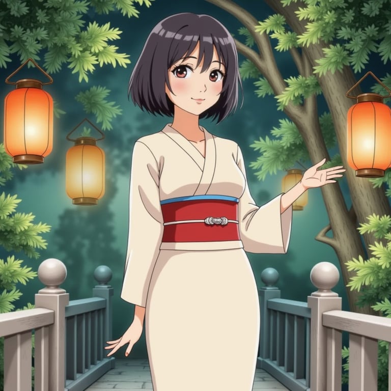 girl in a white kimono with a red sash, standing in front of a spirit world back