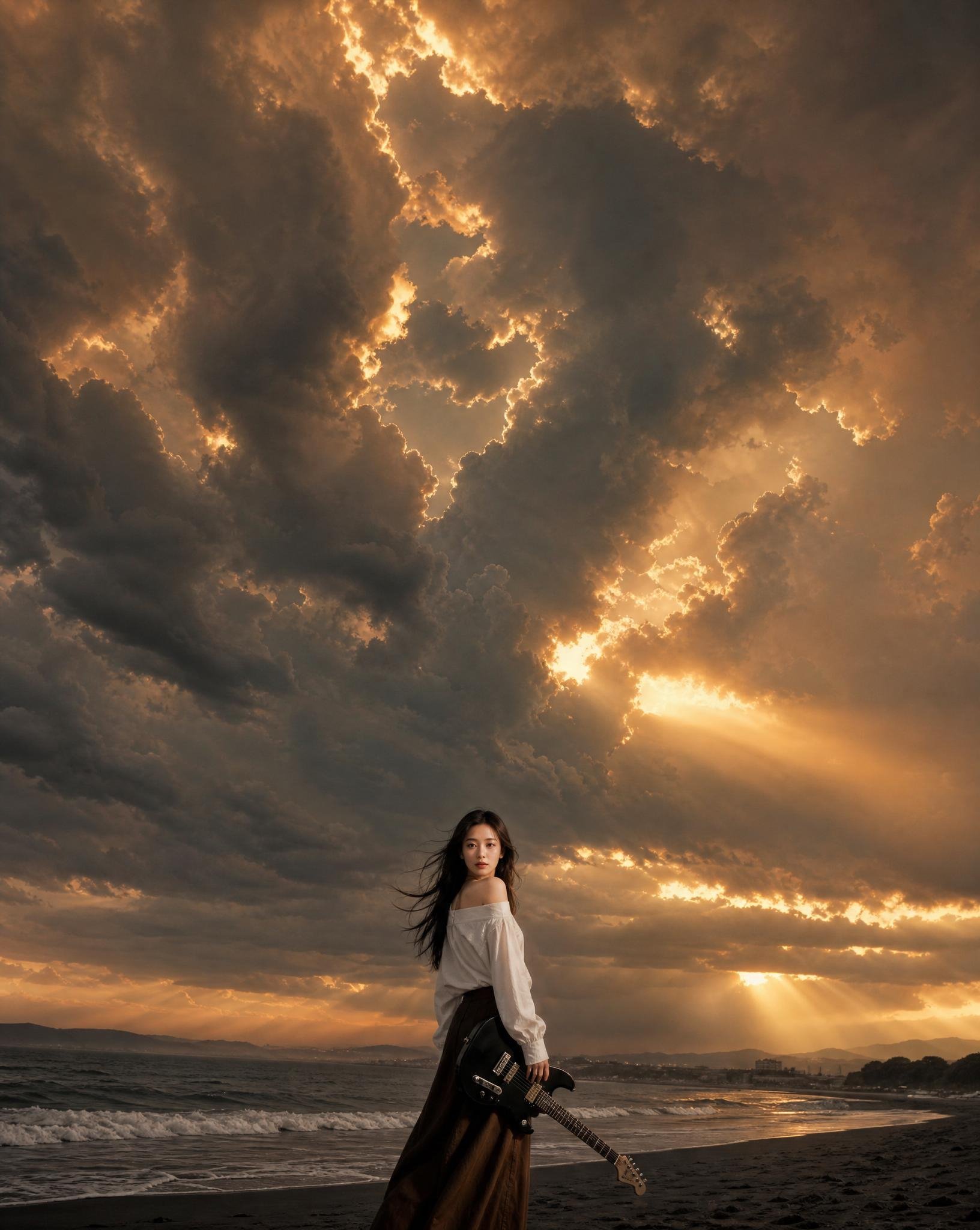 Use the reference image for exact identity preservation, facial features, hairstyle consistency, skin texture, body proportions, hair movement, and overall appearance. The final subject must look exactly like the reference person.
Recreate the atmosphere, scale, lighting, mood, and cinematic storytelling of the inspiration image.
SCENE
The reference woman stands alone on a vast black-sand shoreline at golden hour, turning back toward the camera over her shoulder. She is positioned in the lower third of the frame, appearing small against an immense dramatic sky.
She wears a flowing oversized white shirt moving naturally in the wind, with a long dark skirt. Her dark hair blows freely across her face and shoulders. She carries a black electric guitar by her side, creating a poetic, cinematic musician aesthetic.
ENVIRONMENT
A moody coastline stretches into the distance. Gentle waves roll onto the shore. Distant hills and shoreline structures fade into atmospheric haze. The landscape feels lonely, vast, emotional, and cinematic.
The sky dominates nearly 80% of the composition.
SKY & CLOUDS
Massive towering storm clouds fill the entire sky. Enormous cumulonimbus formations with intricate texture and depth.
Heavy dramatic clouds are illuminated from behind by warm sunset light, creating glowing golden edges around the cloud formations.
Visible rays of sunlight break through openings in the clouds. Areas of deep charcoal grey contrast against glowing amber highlights.
The sky should feel epic, powerful, awe-inspiring, and almost surreal while remaining photorealistic.
COMPOSITION
Vertical cinematic composition.
Subject positioned near the bottom center.
Huge negative space created by the sky.
Wide-angle perspective emphasizing scale.
The woman occupies only a small portion of the frame while nature dominates the scene.
The image should evoke feelings of freedom, solitude, creativity, introspection, and adventure.
LIGHTING
Golden-hour backlighting.
Sun partially hidden behind storm clouds.
Warm rim light outlining the subject's hair and clothing.
Soft cinematic shadows.
Volumetric sunlight passing through clouds.
Natural atmospheric haze.
COLOR GRADING
Premium cinematic color grading.
Warm amber and gold highlights.
Deep charcoal shadows.
Muted earthy tones.
Rich contrast.
Subtle filmic desaturation.
Moody coastal palette.
Hollywood landscape photography aesthetic.
PHOTOGRAPHY
Ultra-realistic.
Medium format camera quality.
Epic environmental portrait.
Wide-angle lens.
High dynamic range.
Fine-art landscape photography.
National Geographic meets Vogue editorial.
Extraordinary cloud detail.
Natural film grain.
Museum-quality image.
QUALITY
Masterpiece, photorealistic, cinematic storytelling, award-winning landscape portrait, dramatic weather photography, luxury editorial aesthetic, breathtaking atmosphere, ultra-detailed clouds, stunning natural light, 4:5 aspect ratio.
IMPORTANT
Preserve the exact identity of the reference woman.
Match the emotional tone, cloud scale, lighting direction, color grading, and cinematic mood of the inspiration image.
The sky must be the hero element of the composition, with the subject appearing small beneath it.
No text, no logos, no watermarks.