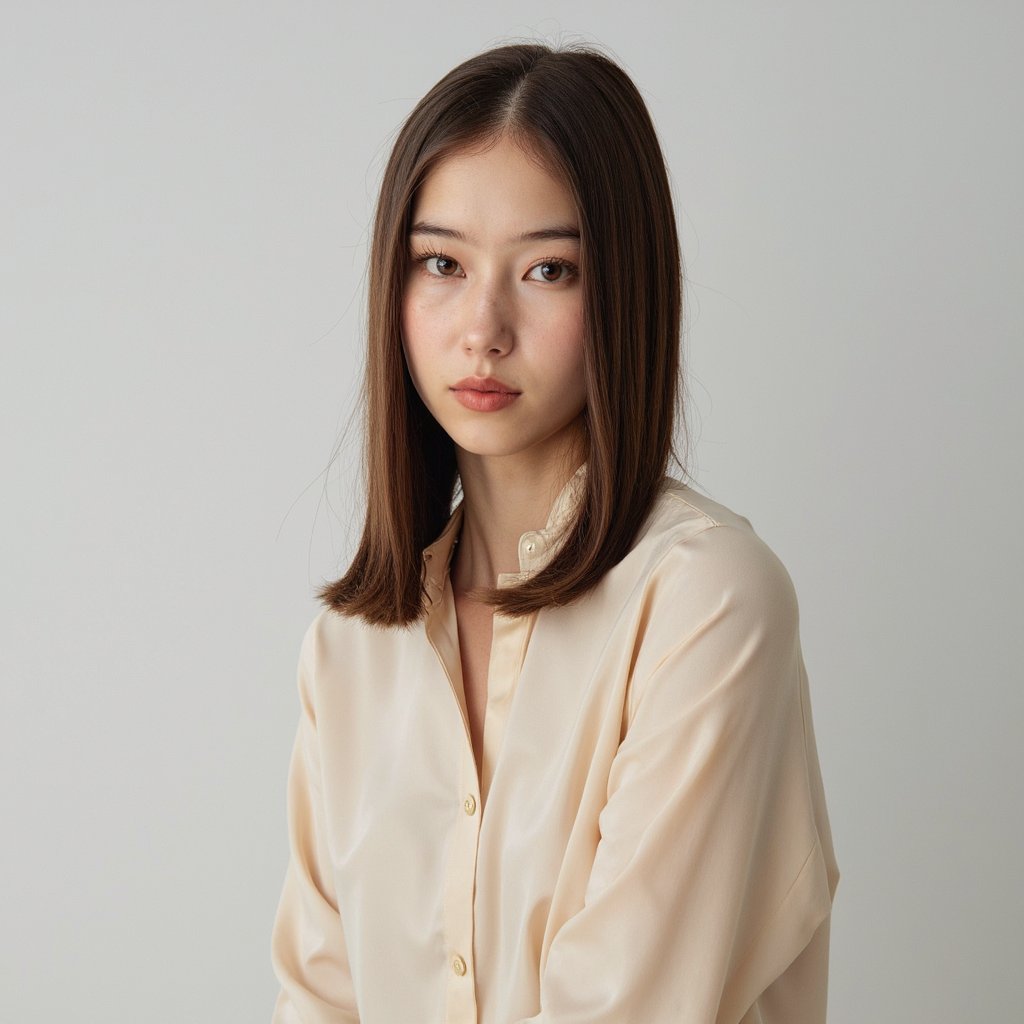 A highly realistic HDR passport photo of a woman in her mid-20s framed in a tight head-and-shoulders shot. She has sleek, straight chestnut-brown hair cut into a shoulder-length blunt bob with a perfect center part. She wears a fitted beige blouse with a smooth matte surface. Lighting is soft and diffused from both sides, eliminating any harsh shadows. The background is a very light gray-to-white gradient, barely noticeable, adding depth without distraction. Camera angle is centered at eye level. Her expression is neutral, face relaxed. The image captures fine fabric details, natural skin texture, and subtle light reflection on her hair strands. Clean, minimal, and extremely professional.