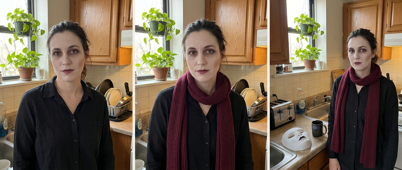 Three-step Halloween portrait progression from a basic image to a refined scene