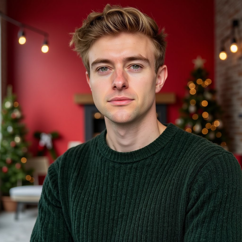 Headshot of a man in a modern photo studio with a matte red backdrop providing a bold Christmas theme. He faces the camera straight-on, expression confident but soft. He wears a dark forest-green cashmere crewneck, ribbed collar visible in detail.
Hair: short fade with neatly styled top; light stubble.
Lighting: classic studio beauty lighting — large softbox frontal key plus gentle kicker from camera-left; even skin illumination, soft shadows.
Background: smooth seamless red, no clutter; subtle gradient from light falloff.
Camera: 85mm f/2.2; highly detailed, highly realistic, HDR, showing crisp knit detail and natural skin texture.