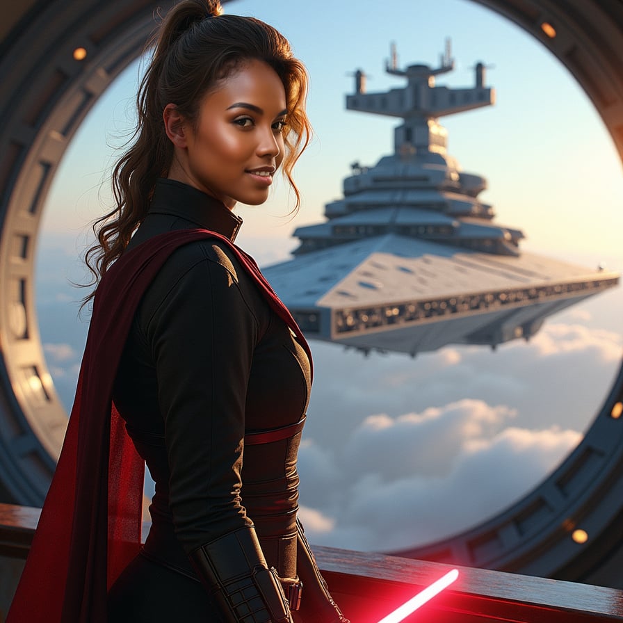 A female Imperial officer stands on the bridge of a Star Destroyer, facing the camera with a calculated, authoritative gaze. Behind her, the vastness of space and the imposing Star Destroyer fleet are visible, creating a backdrop of power and control.