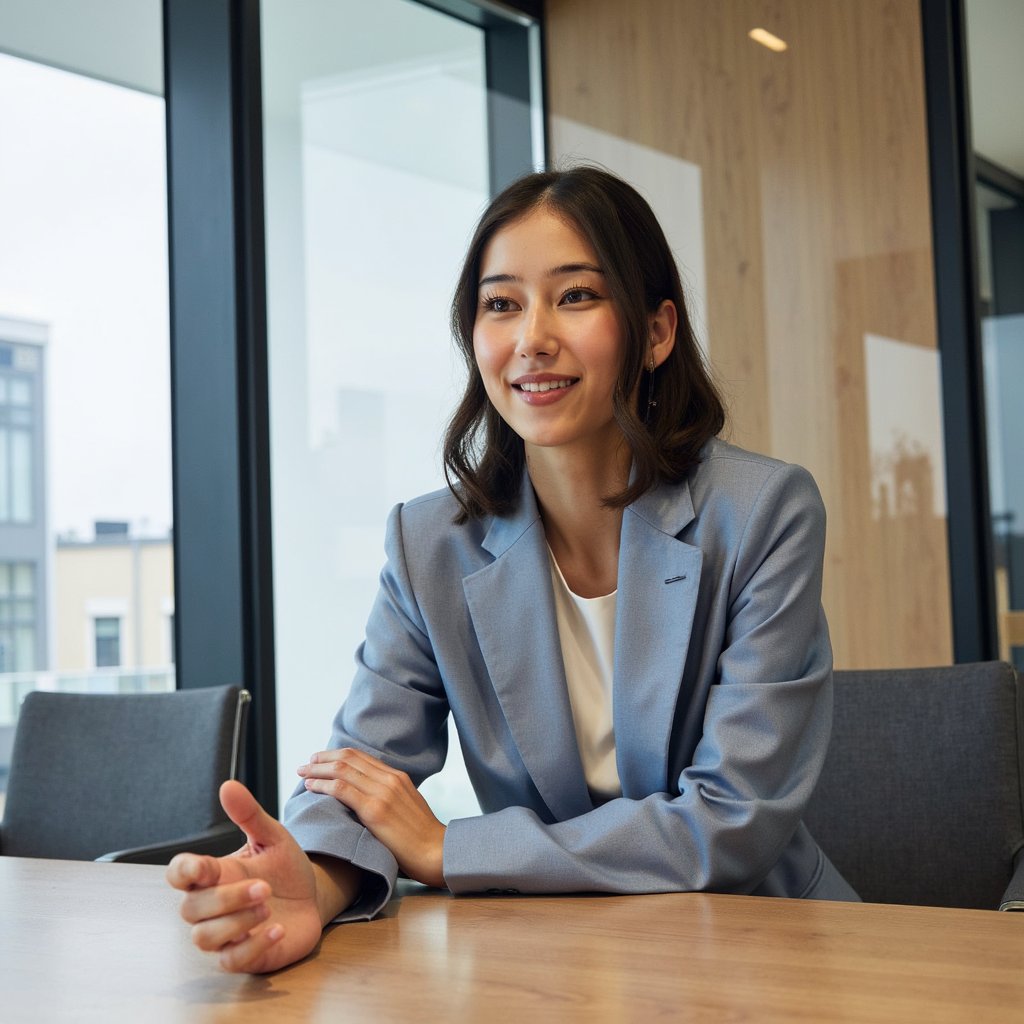 Highly detailed, highly realistic HDR image of a woman business manager in a powder-blue tailored pantsuit with subtle sheen, white shell blouse underneath; hair in soft waves at shoulder length. Camera: 50mm lens, f/3.2, ISO 320, half-body shot from seated eye level, slight downward tilt. Lighting: ceiling lights as fill, window daylight key at side; faint shadow beneath chin. Pose: seated at conference table, one hand gesturing mid-sentence, engaged smile. Background: blurred glass partitions and large table surface with reflection, minimal clutter.