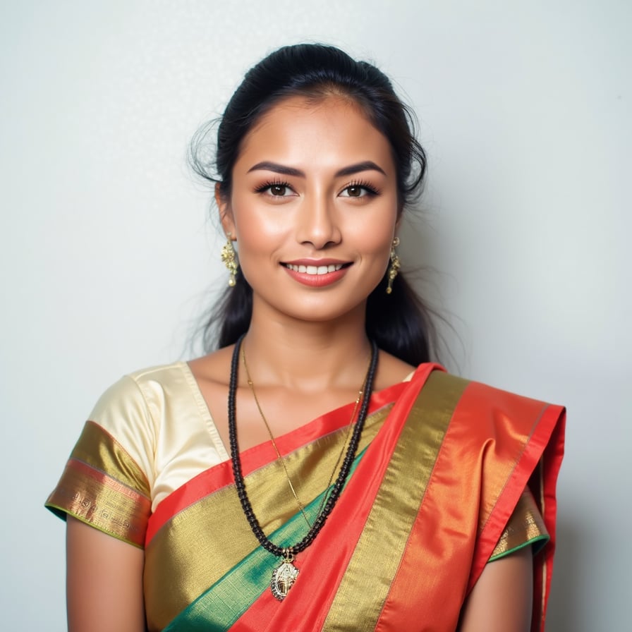 A passport-size photo of a person wearing traditional Indian attire, such as a saree or kurta, with neat and formal styling. The background is plain white, with even lighting. The individual is centered, maintaining a neutral expression, looking directly at the camera