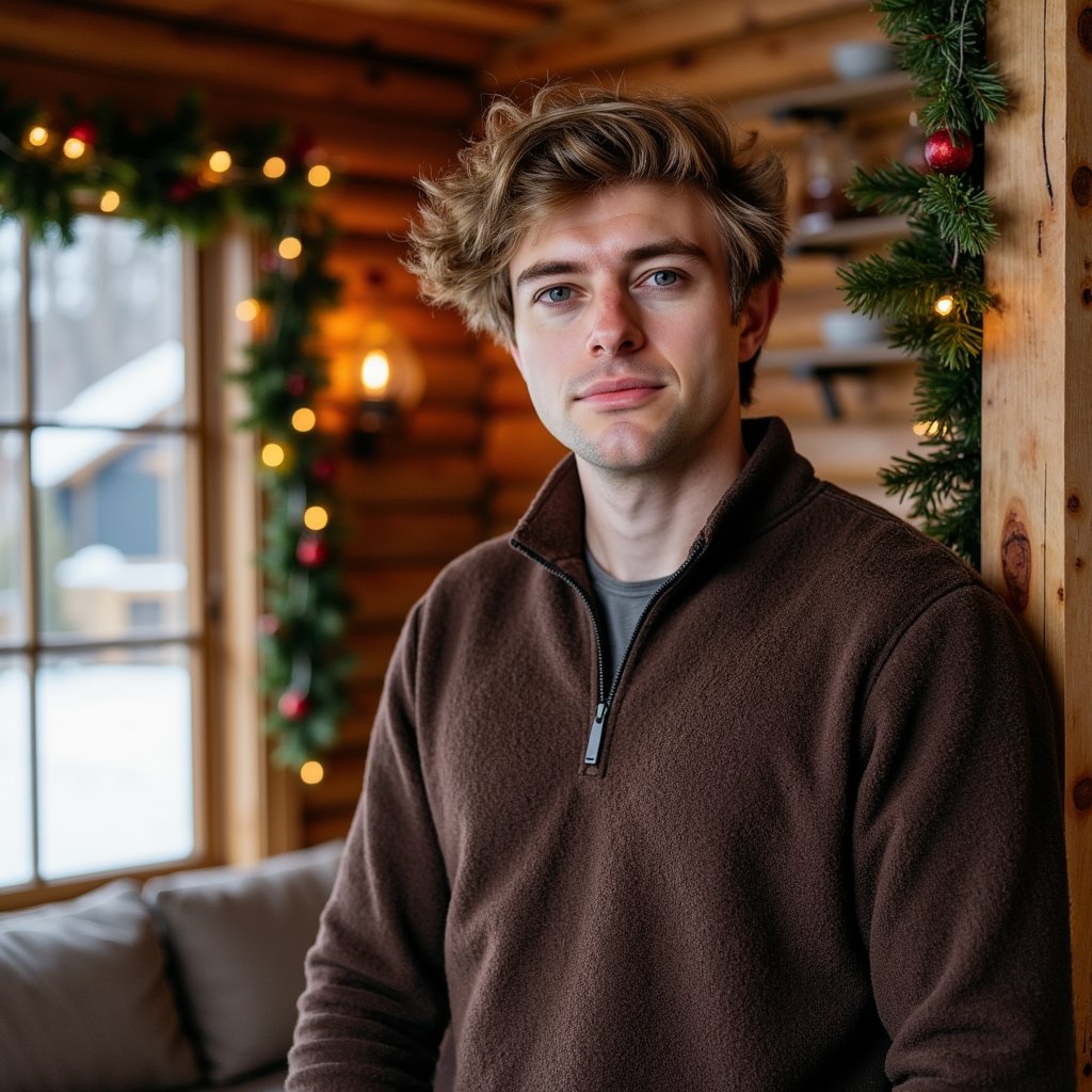 Waist-up portrait of a man inside a wooden cabin decked with subtle Christmas décor. He leans lightly against a wooden beam, hands relaxed at his sides, calm stillness. He wears a dark brown lambswool quarter-zip sweater with visible fiber fuzz, zipper glinting softly.
Hair: messy textured waves; short beard.
Lighting: warm cabin lantern light from camera-left, with a cooler outdoor window glow from behind for contrast.
Background: blurred cabin shelves with pine garland and a couple of minimal ornaments; clean, uncluttered, warm tones.
Camera: 70mm f/2, slight upward angle to add cabin grandeur; highly detailed, highly realistic, HDR showcasing wool texture and wood grain.