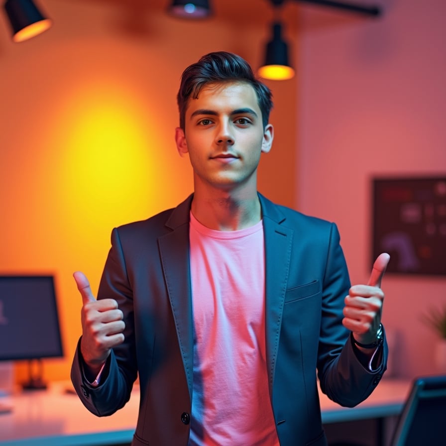 man with an excited and engaging expression. He is wearing a vibrant t-shirt or casual attire, with a colorful or gradient background that pops. The image should convey energy and curiosity, ideal for a thumbnail designed to boost click-through rates
