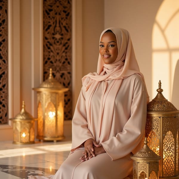 Knee-up portrait of a woman in a flowing abaya with soft pastel hues, subtle smile, surrounded by decorative lanterns in gentle golden light — inspired by Mawlid traditions