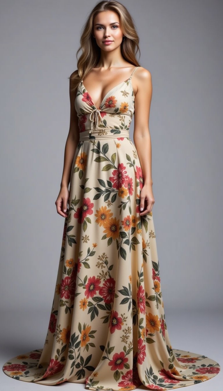 A user photo wearing neutral clothes is used to generate an image of them wearing a floral maxi dress from a reference catalog image — matching the pose, lighting, and fabric flow for a realistic fashion visualization