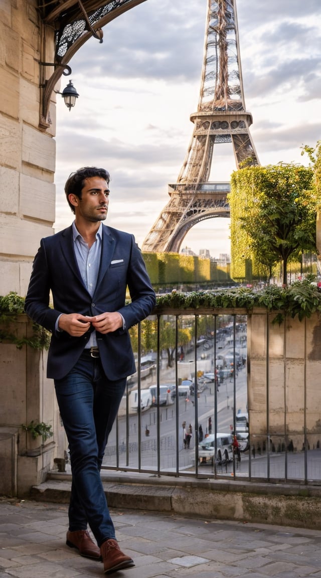 Stylish man, romantic Paris glow, soft-focus cityscape.