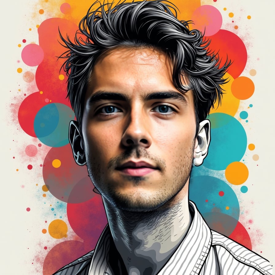 Dynamic sketch portrait, bold strokes, bright colors, and abstract patterns.