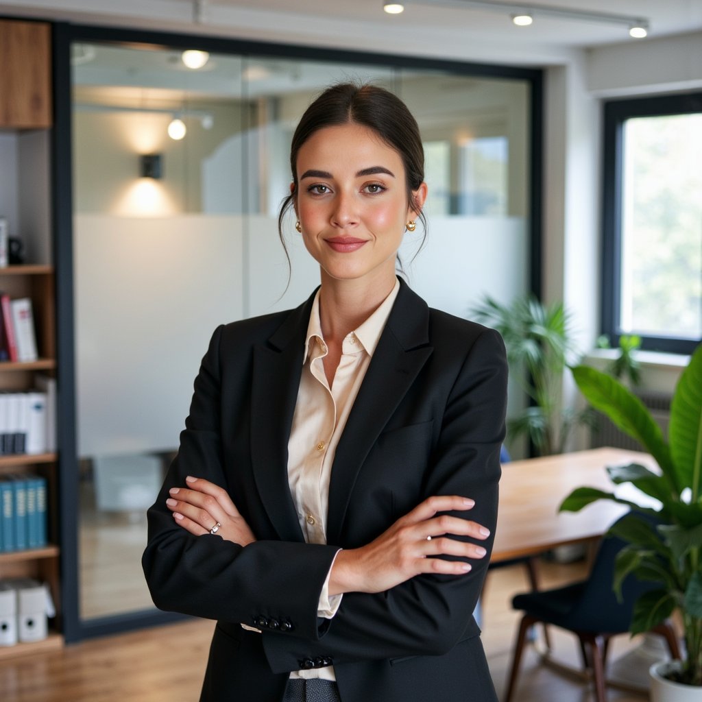Medium portrait of a female corporate lawyer wearing a tailored black blazer over a cream blouse with satin sheen, delicate gold stud earrings; hair in a tidy low bun with flyaway strands subtly visible; camera slightly above eye level, 50mm, f/2.2; soft daylight mixed with cool overhead office practicals, gentle catchlights; arms crossed, posture straight; background is a glass-walled conference room with frosted panels, contract folders out of focus; minimal clutter, highly detailed, highly realistic, HDR.