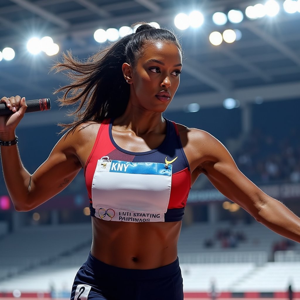 Headshot of a relay runner gripping a baton mid-hand-off, intense focus, motion blur behind, sharp side lighting — energy of World Athletics Championship captured