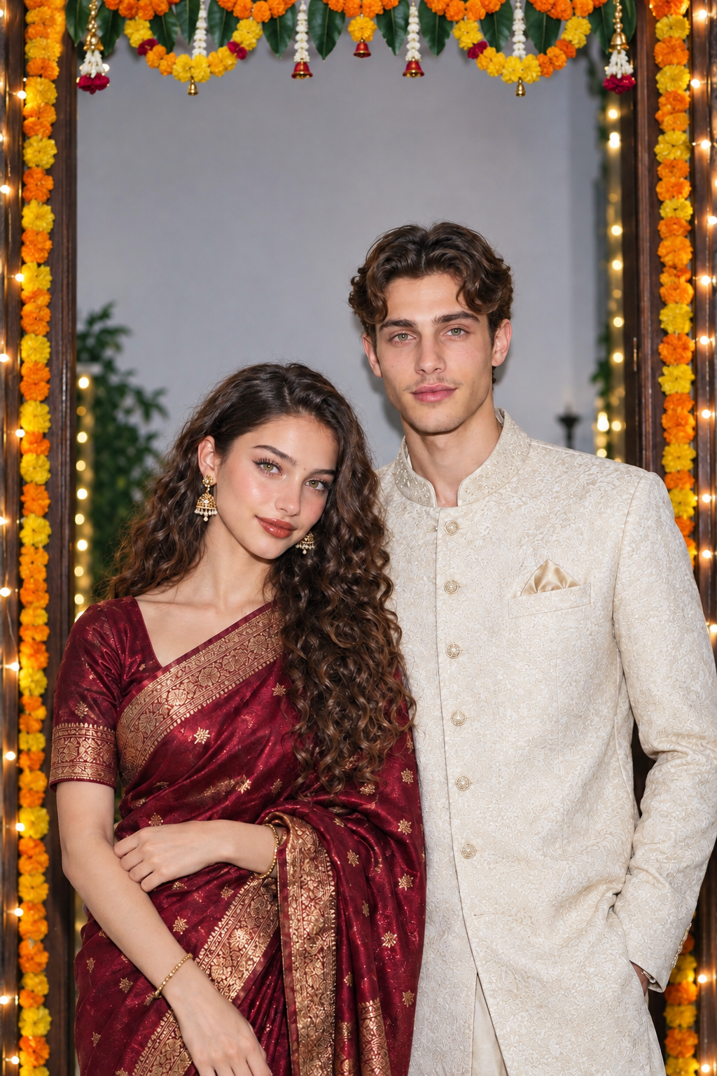 AI Diwali couple portrait in a marigold-decorated doorway with space for text
