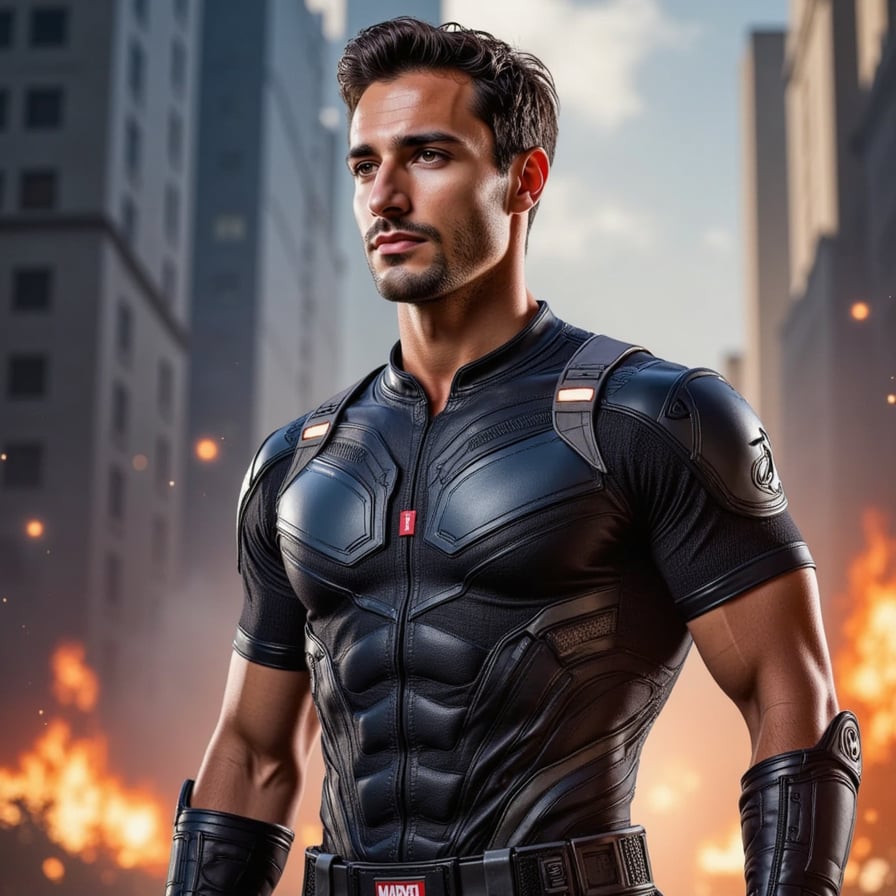 Modern male Avenger with tactical gear and reactive armor, backlit by explosions, ash particles in the air, determined eyes, stylized like a Marvel poster, photorealistic, cinematic lighting