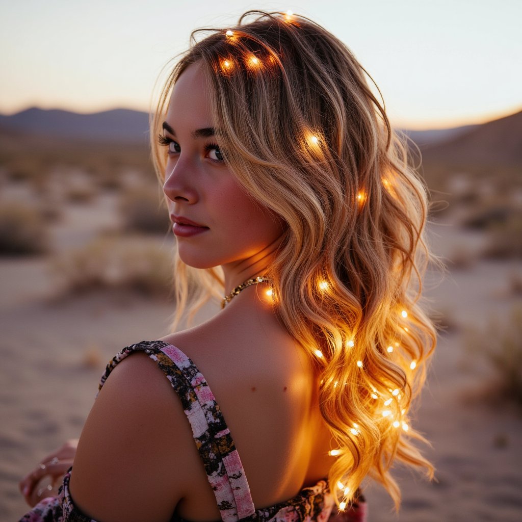 Portrait of a woman wearing luminous fiber-optic strands in her hair, glowing softly at dusk in the open desert, layered bohemian outfit, Burning Man vibe”