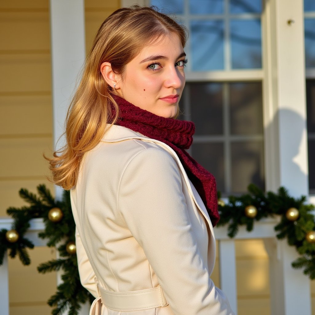 Waist-up portrait of a woman standing on a decorated porch during golden-hour winter light, body angled 25° from the camera, turning gently back toward the lens. She wears a cream wool wrap coat with a soft tie belt and a burgundy knit scarf layered neatly.
Hair: loose waves with halo-like warm highlights from sun.
Makeup: peach-gold luminous tones, soft coral lip.
Lighting: natural golden hour sunlight wraps around her hair (strong rim light), with a soft reflector fill from the front.
Background: blurred porch railing wrapped in garland and a few gold ornaments — minimal clutter, clean framing.
Camera: 85mm f/2; highly realistic, highly detailed, HDR, with strong emphasis on sunlit hair texture and wool fibers.