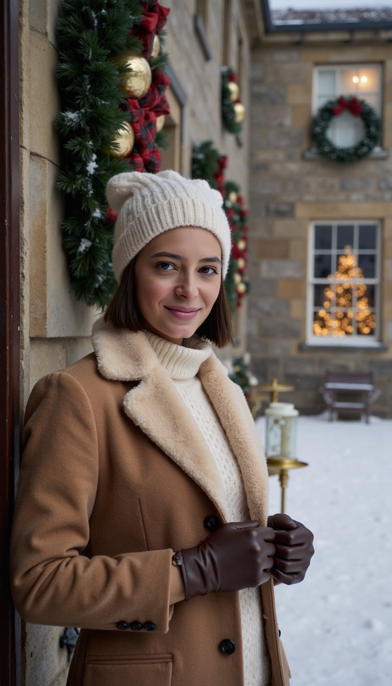 winter headshot of a woman standing outside a grand country manor on a snowy ralph lauren christmas evening. she wears a camel wool coat with a plush faux-fur collar, a cream cable-knit turtleneck, and leather gloves, snowflakes resting lightly on her shoulders. her hair peeks out from under a knitted beanie, cheeks naturally flushed from the cold, lips a soft berry tone. she smiles gently, hands gathered near her collar for warmth. in the softly blurred background, the stone manor is decorated with wreaths and glowing window light, a trimmed christmas tree visible through the glass, snow falling in the air. cool daylight mixed with warm window glow, crisp yet soft focus, high resolution, hdr, highly detailed, photorealistic.